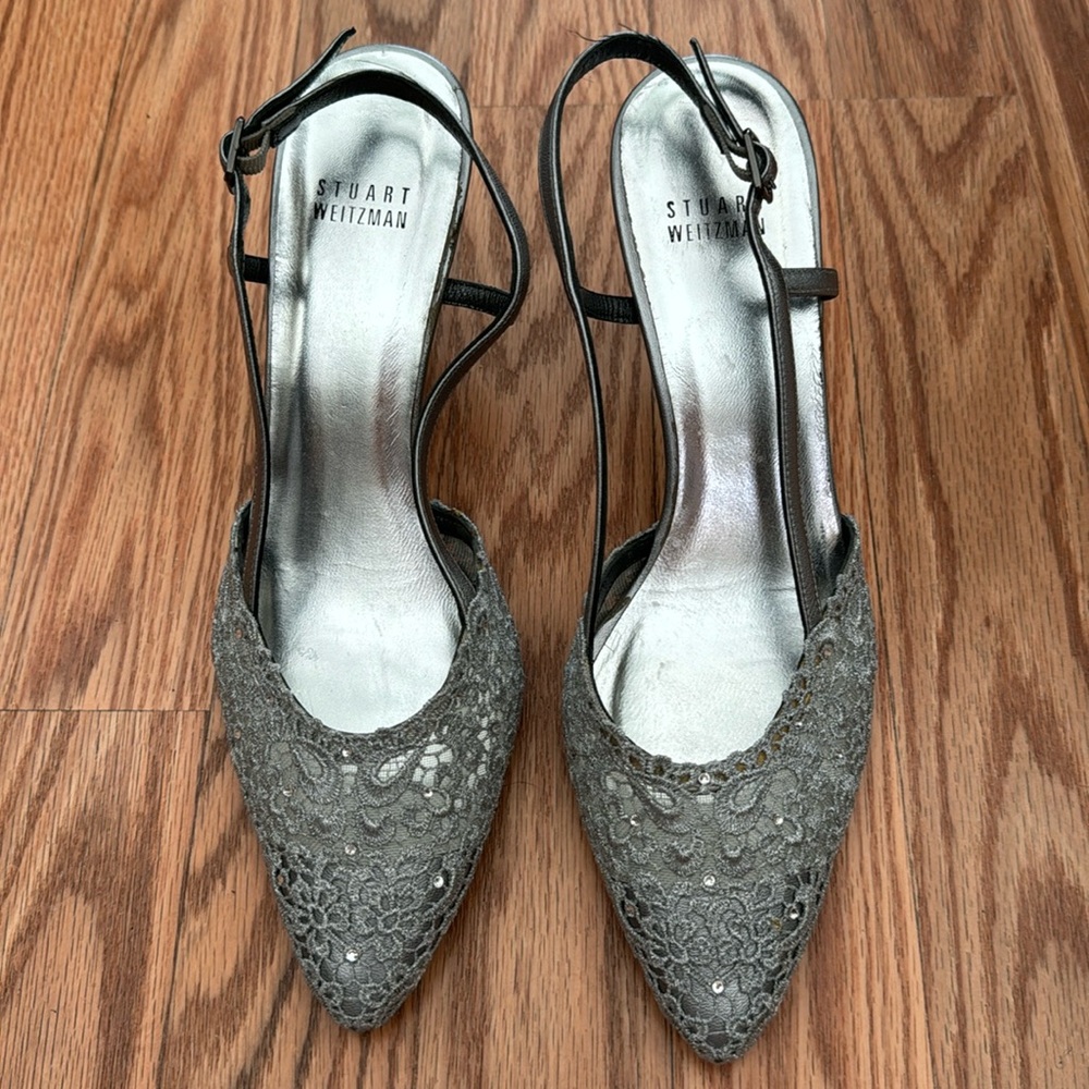 Stuart Weitzman Leather Slingback Pumps (Grey & Metallic)- Size 7.5M